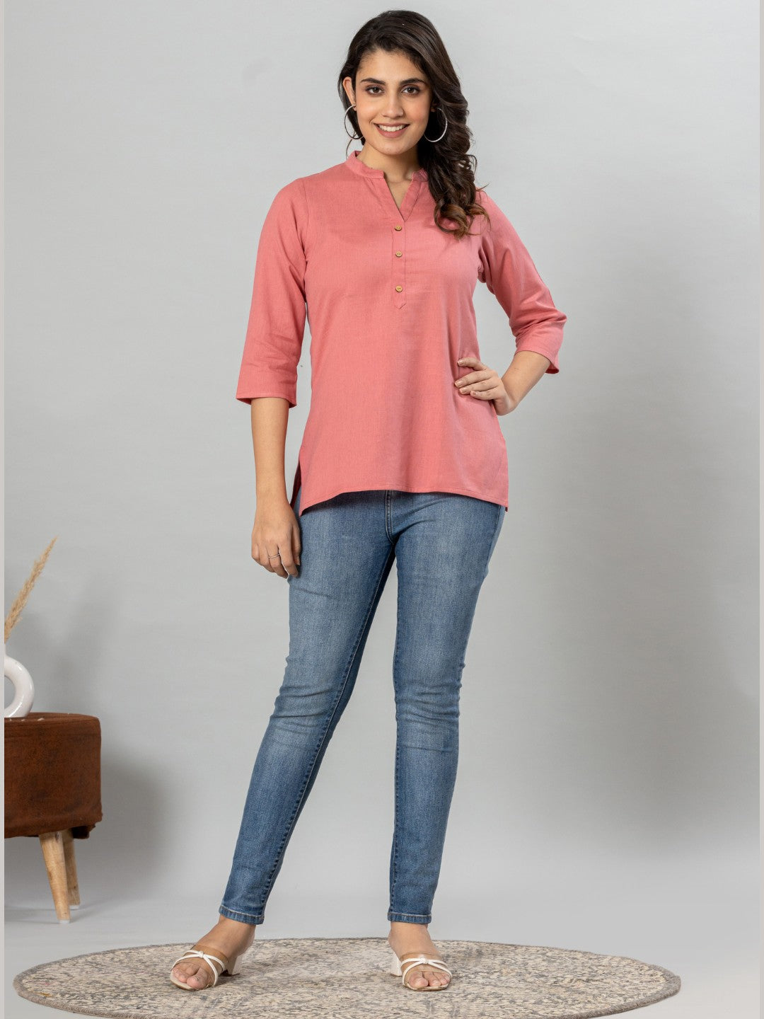 Solid Cotton Flax Women Top - Peach