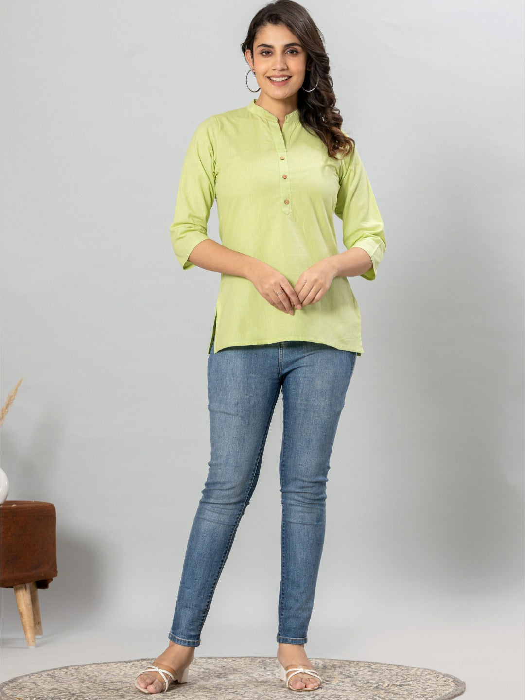 Solid Cotton Flax Women Top - Pista Green