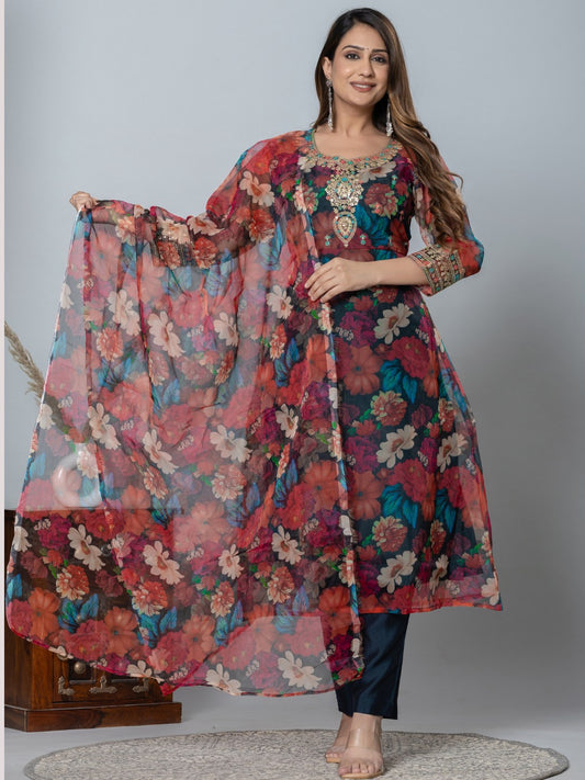 Organza Floral Printed Embroidered Kurta, Pants and Dupatta Set - Black