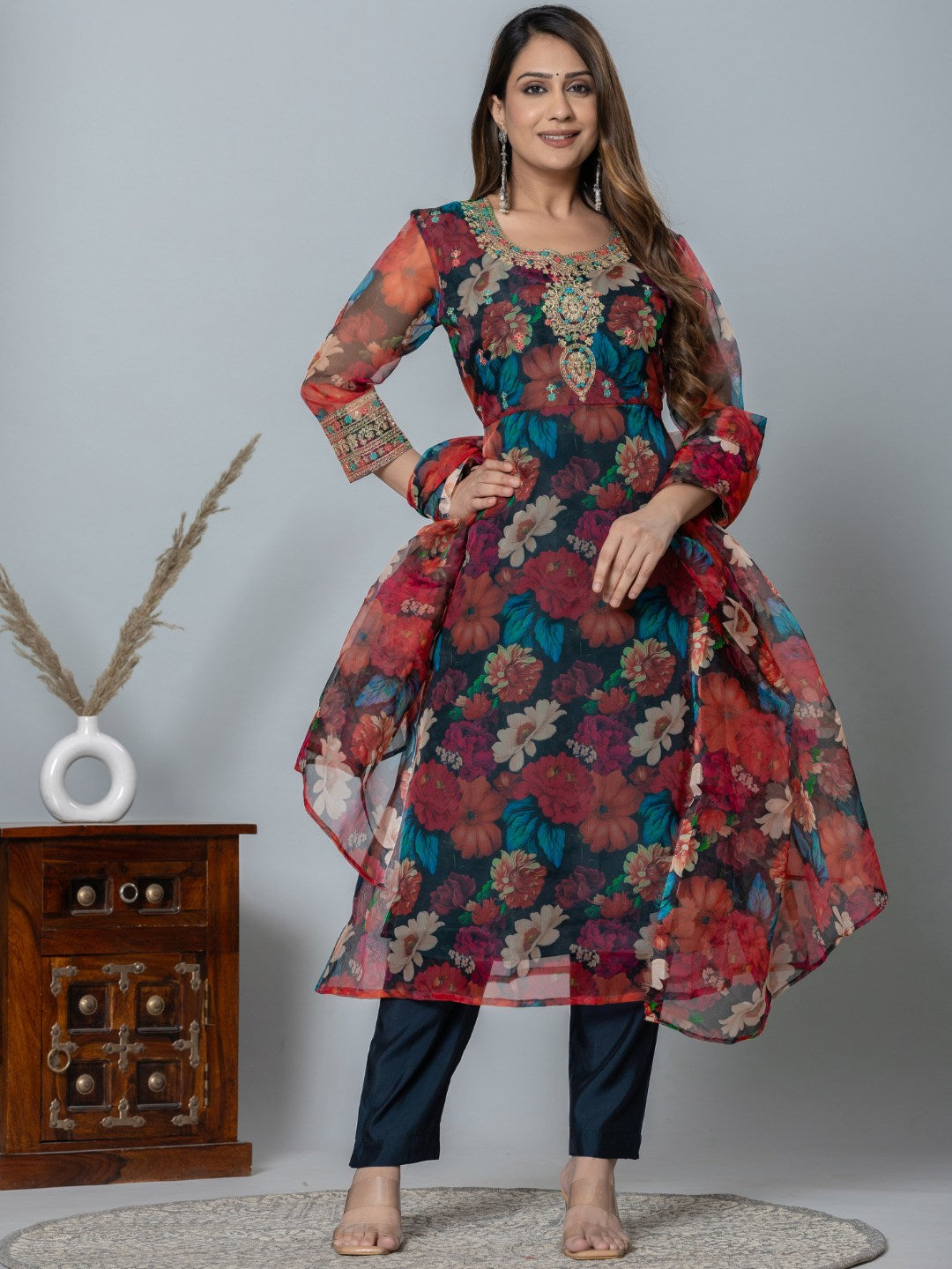 Organza Floral Printed Embroidered Kurta, Pants and Dupatta Set - Black