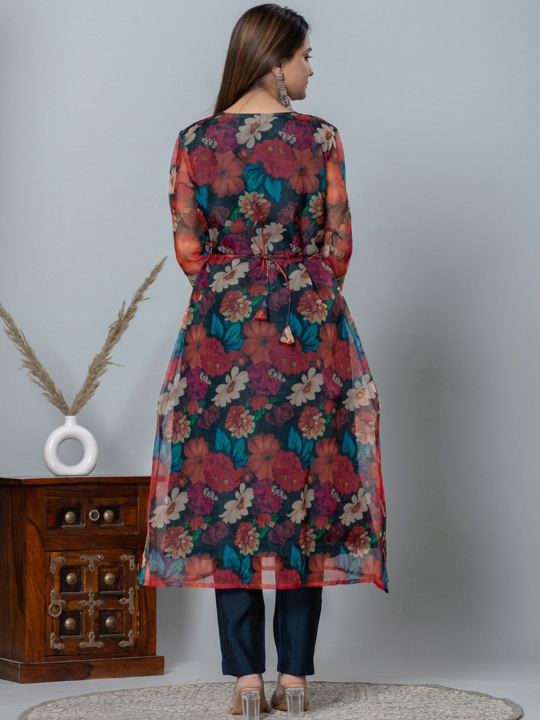 Organza Floral Printed Embroidered Kurta, Pants and Dupatta Set - Black