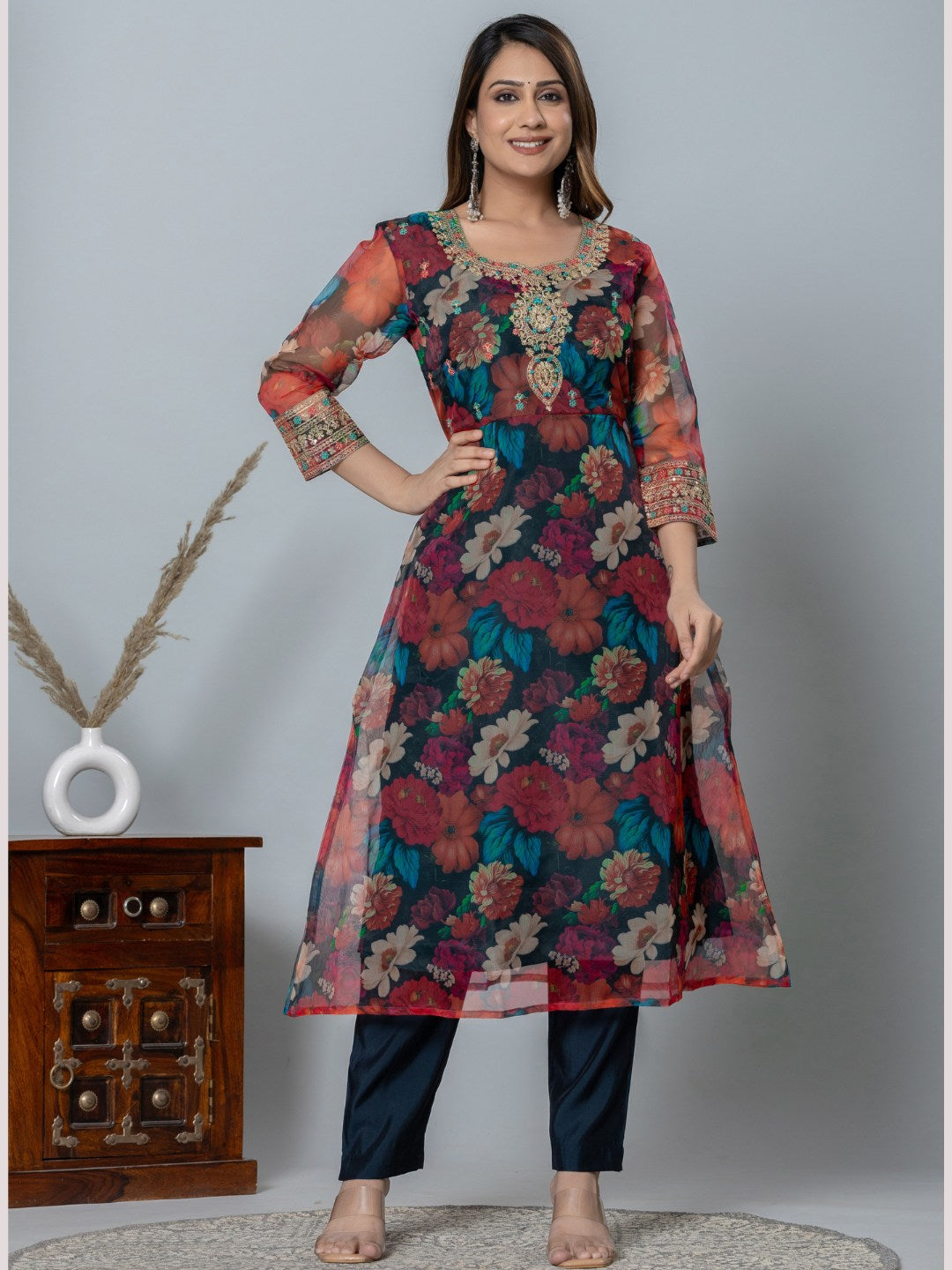 Organza Floral Printed Embroidered Kurta, Pants and Dupatta Set - Black