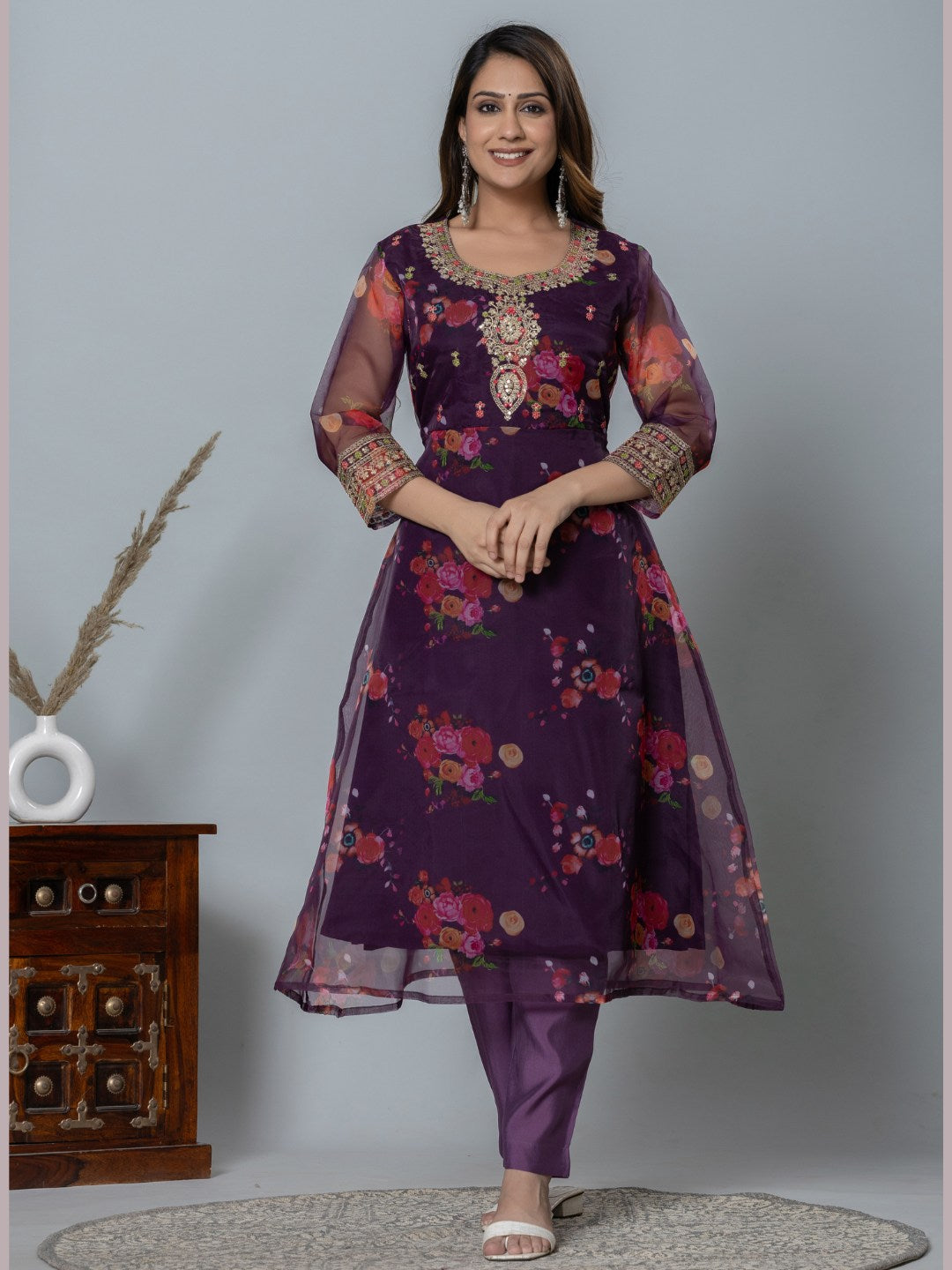 Organza Floral Printed Embroidered Kurta, Pants and Dupatta Set - Purple