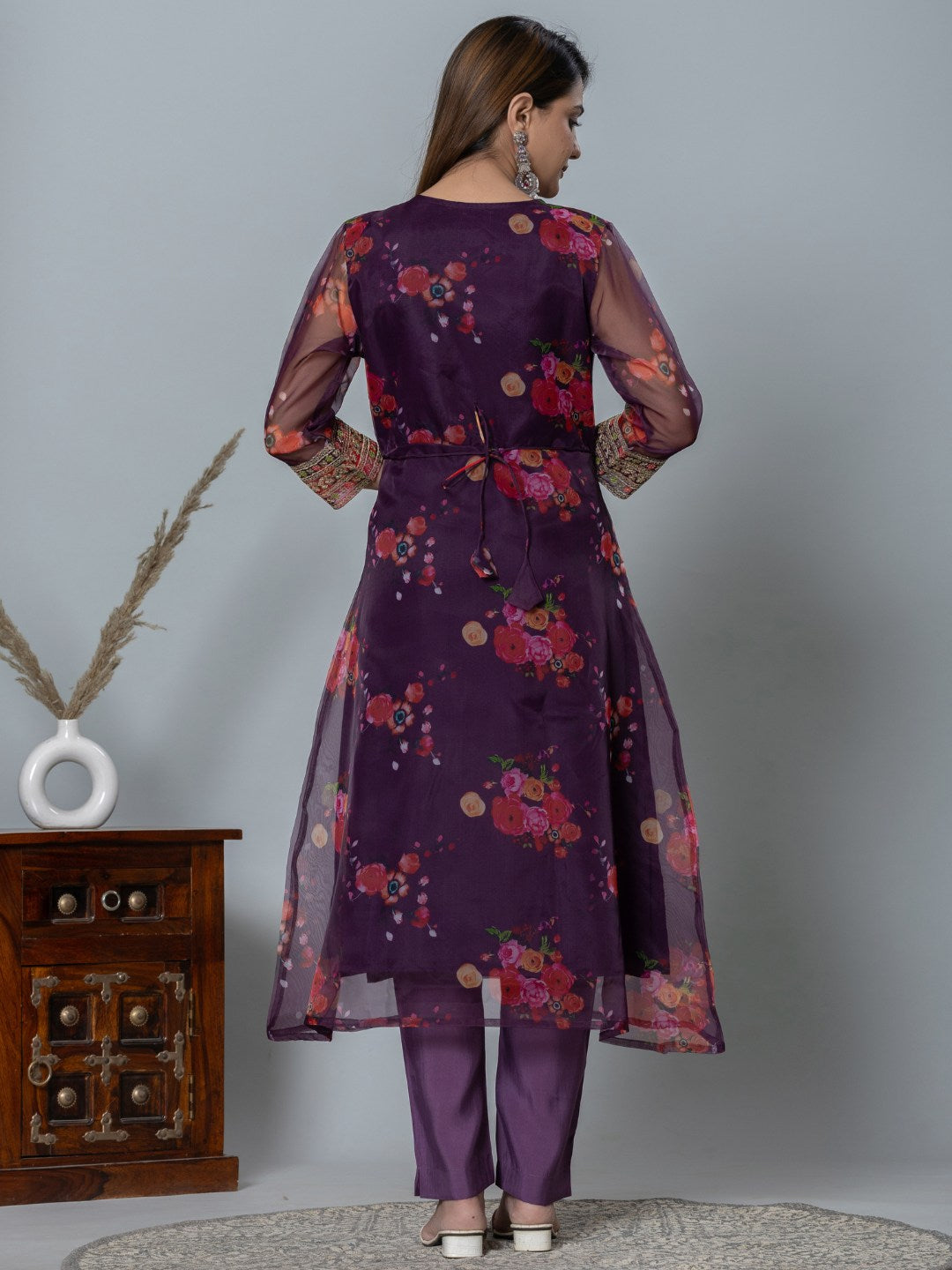 Organza Floral Printed Embroidered Kurta, Pants and Dupatta Set - Purple