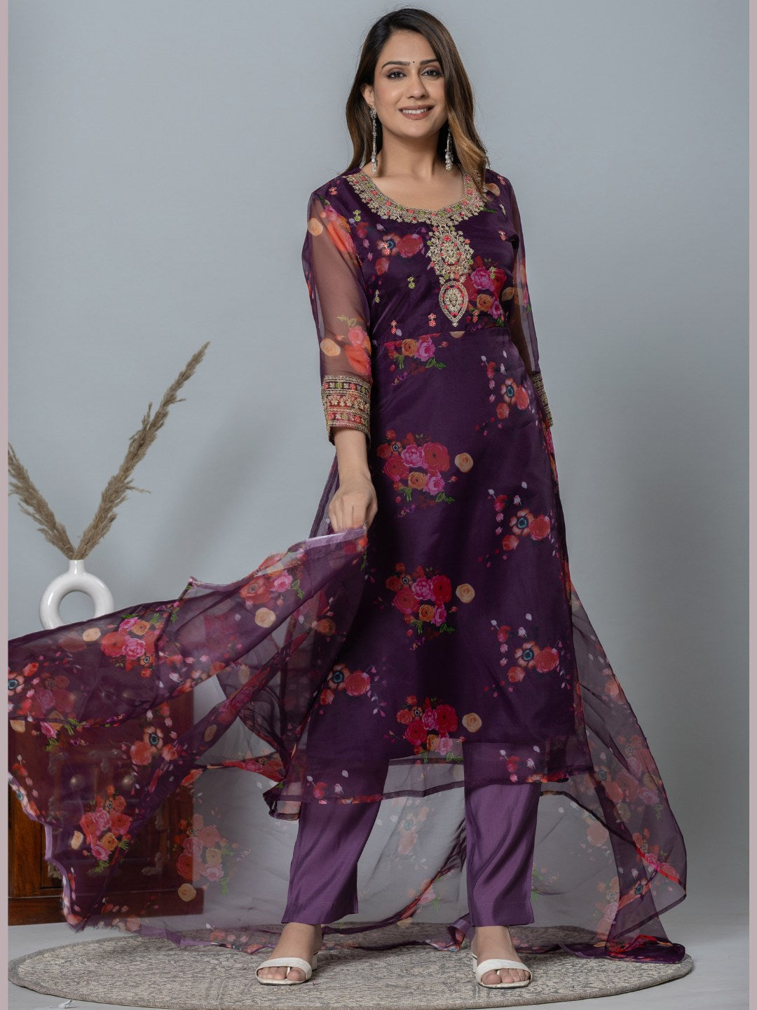 Organza Floral Printed Embroidered Kurta, Pants and Dupatta Set - Purple