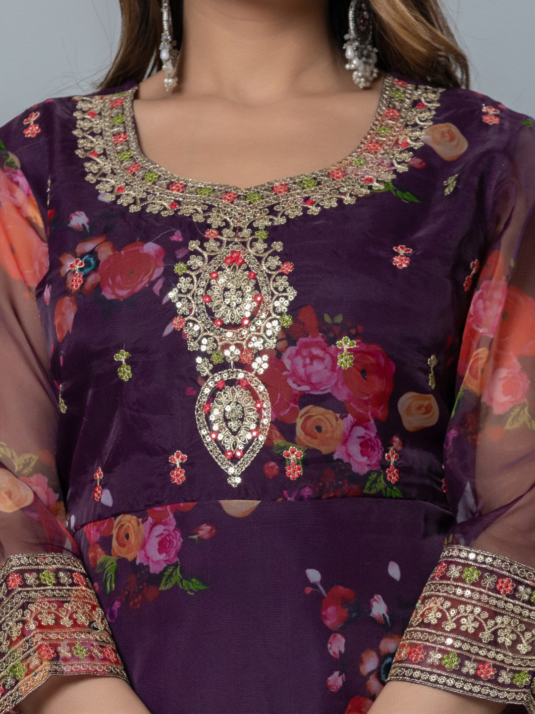 Organza Floral Printed Embroidered Kurta, Pants and Dupatta Set - Purple