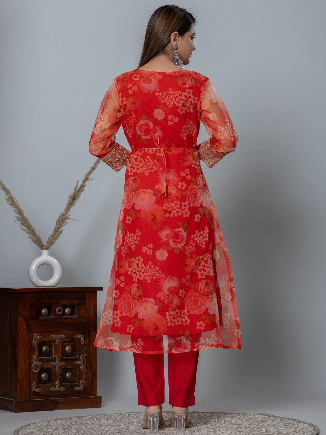 Organza Floral Printed Embroidered Kurta, Pants and Dupatta Set - Red