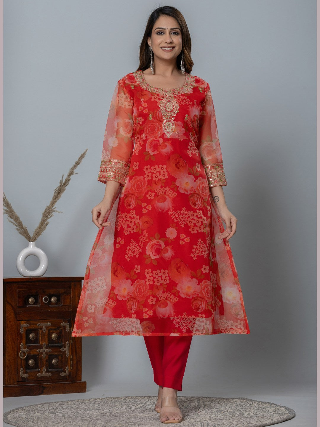 Organza Floral Printed Embroidered Kurta, Pants and Dupatta Set - Red