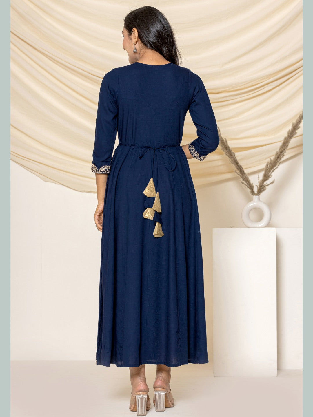 Embroidered Flared Anarkali Maxi Dress -Navy