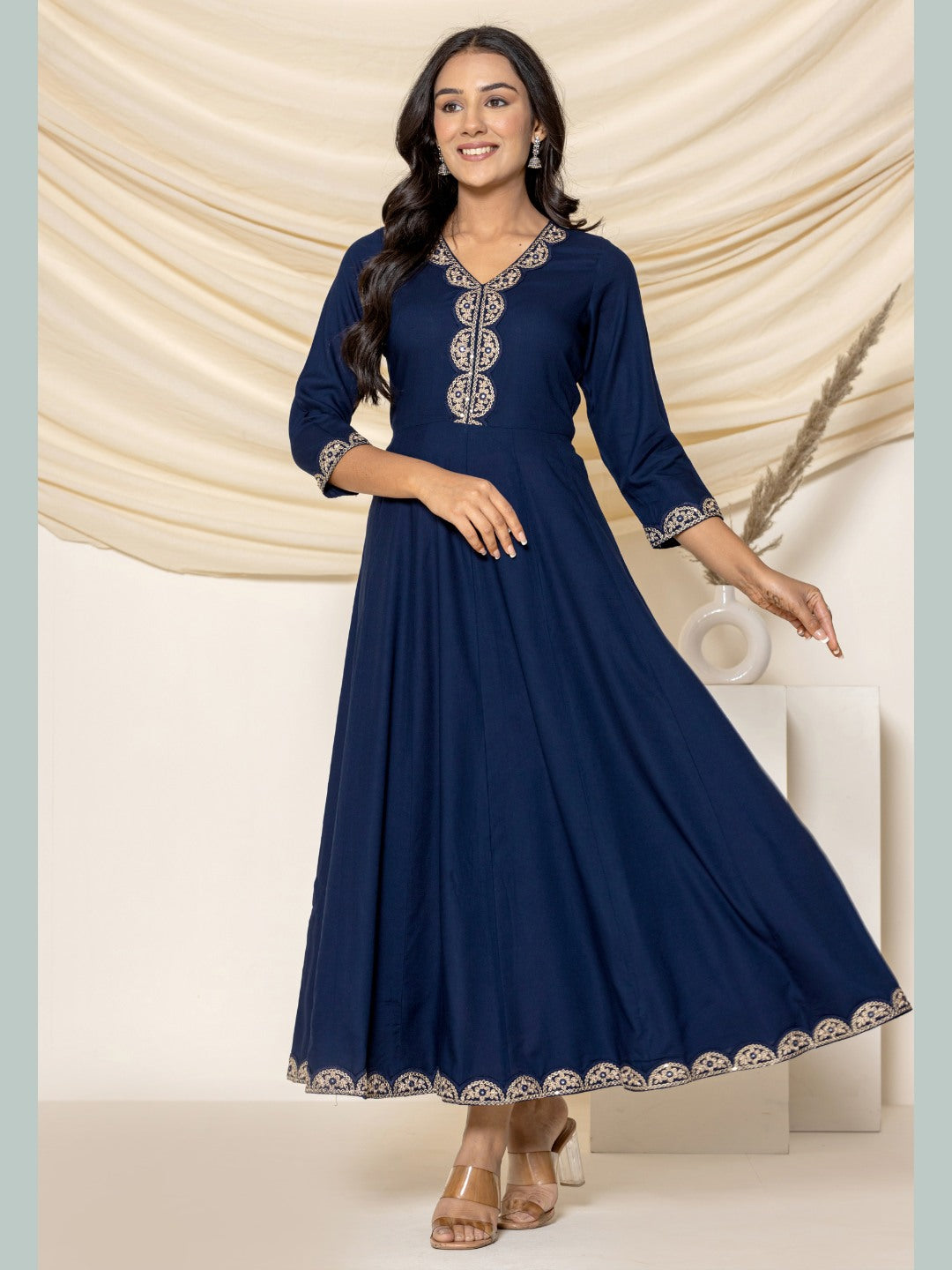 Embroidered Flared Anarkali Maxi Dress -Navy