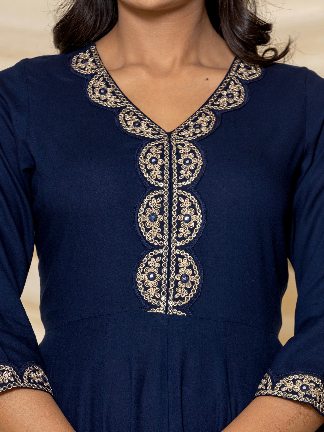 Embroidered Flared Anarkali Maxi Dress -Navy