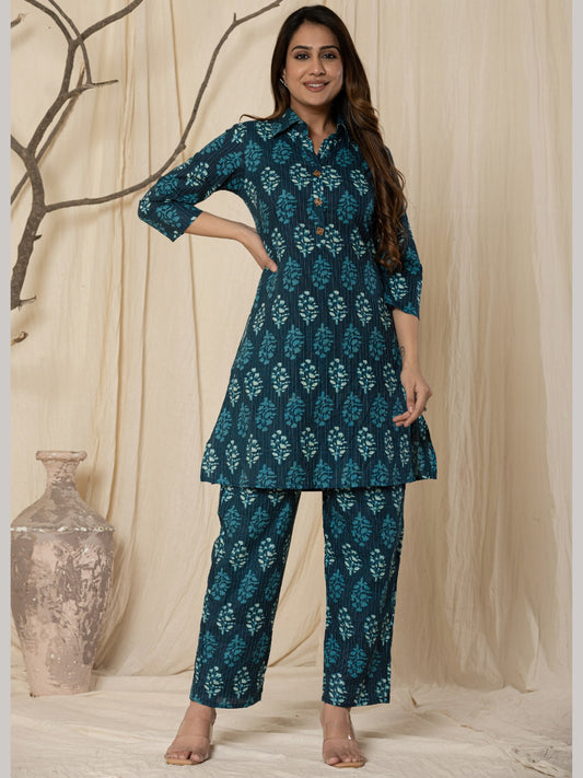 Katha Cotton Printed Collared Co-Ord Set - Blue