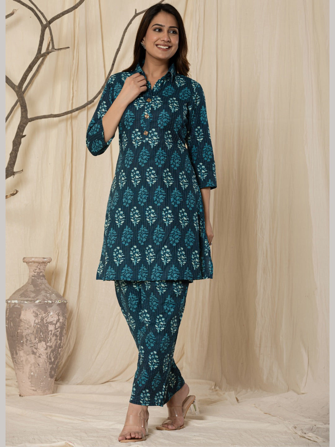 Katha Cotton Printed Collared Co-Ord Set - Blue