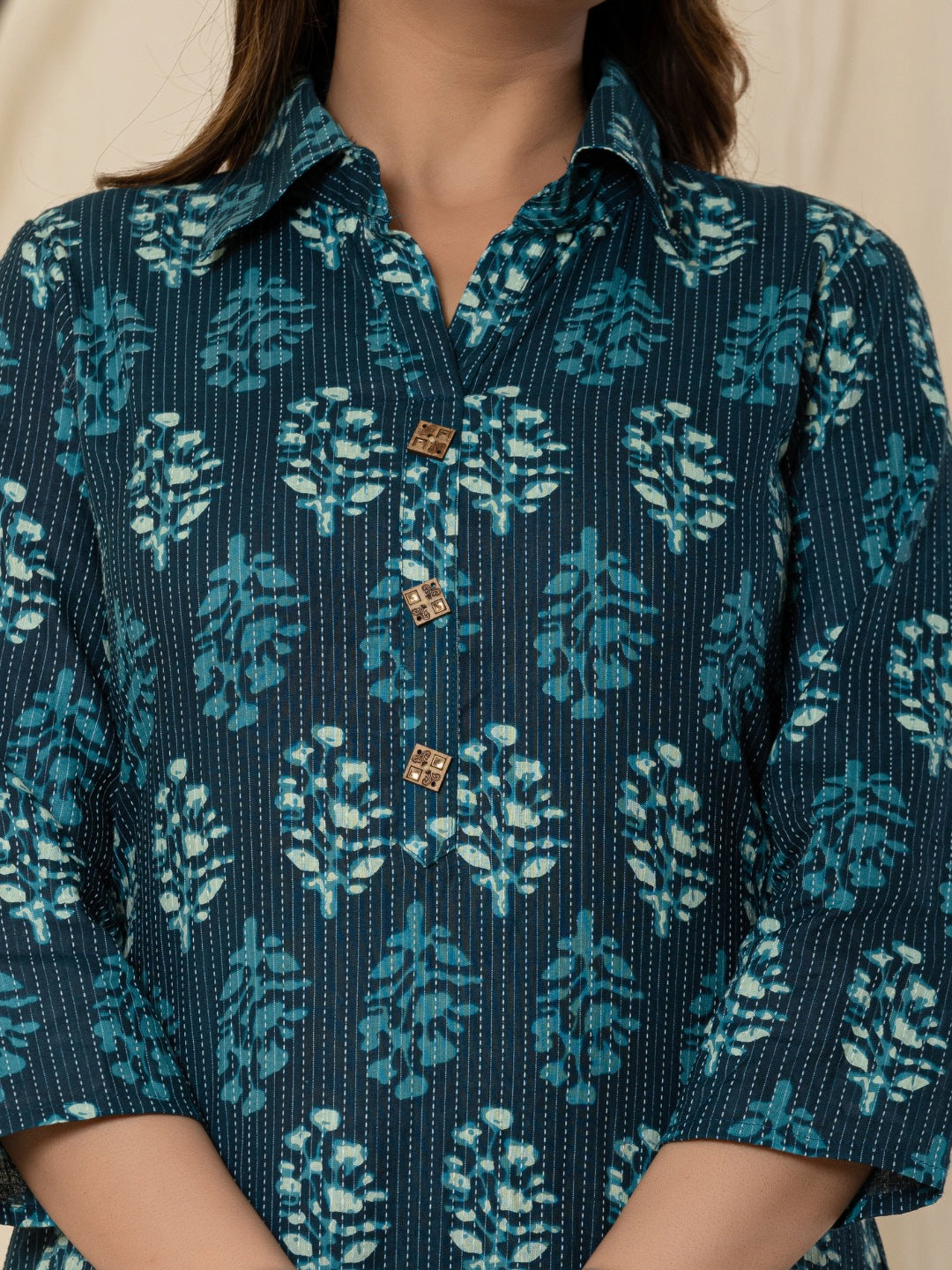 Katha Cotton Printed Collared Co-Ord Set - Blue