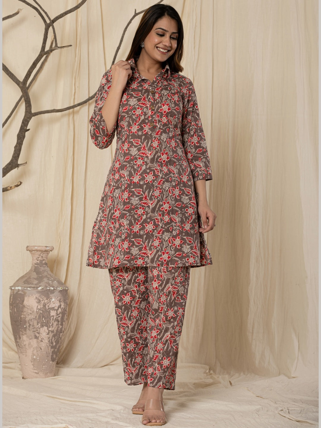Katha Cotton Printed Collared Co-Ord Set - Brown