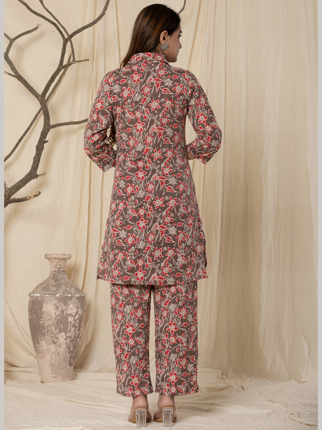 Katha Cotton Printed Collared Co-Ord Set - Brown