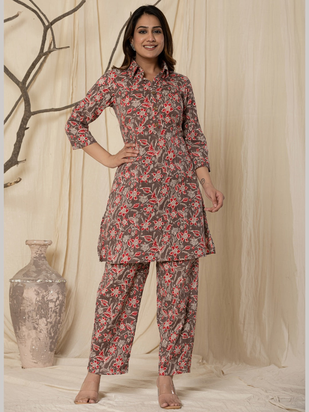 Katha Cotton Printed Collared Co-Ord Set - Brown