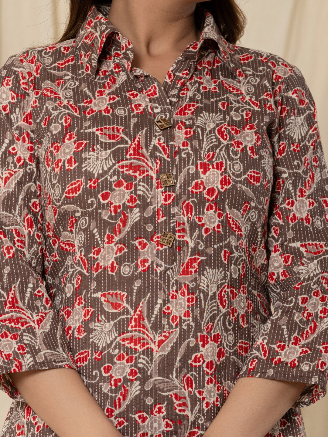 Katha Cotton Printed Collared Co-Ord Set - Brown