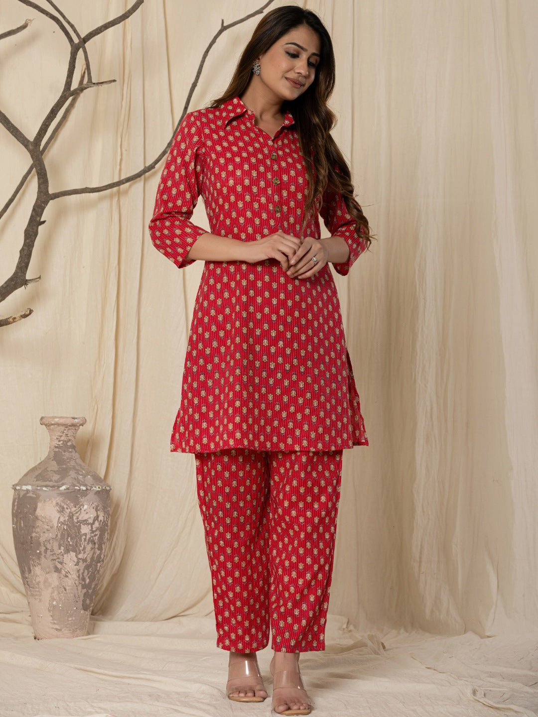 Katha Cotton Printed Collared Co-Ord Set - Red