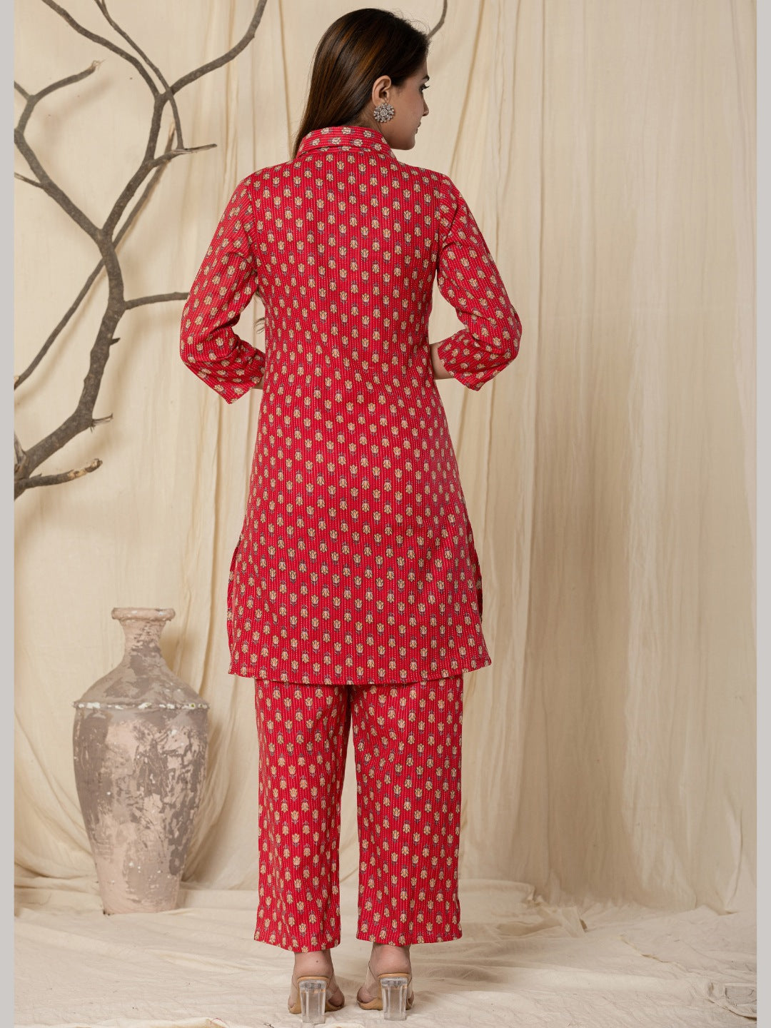 Katha Cotton Printed Collared Co-Ord Set - Red