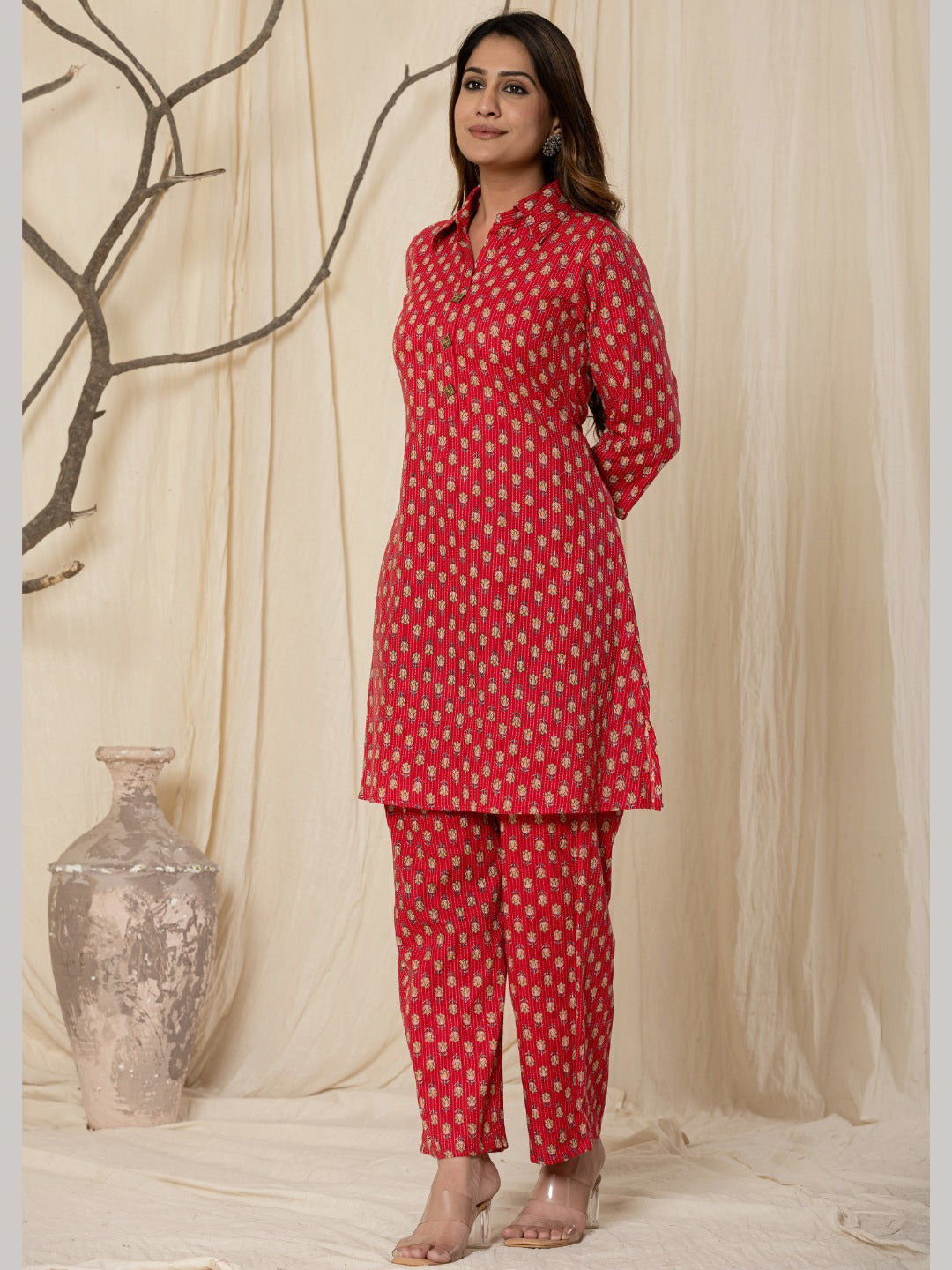 Katha Cotton Printed Collared Co-Ord Set - Red