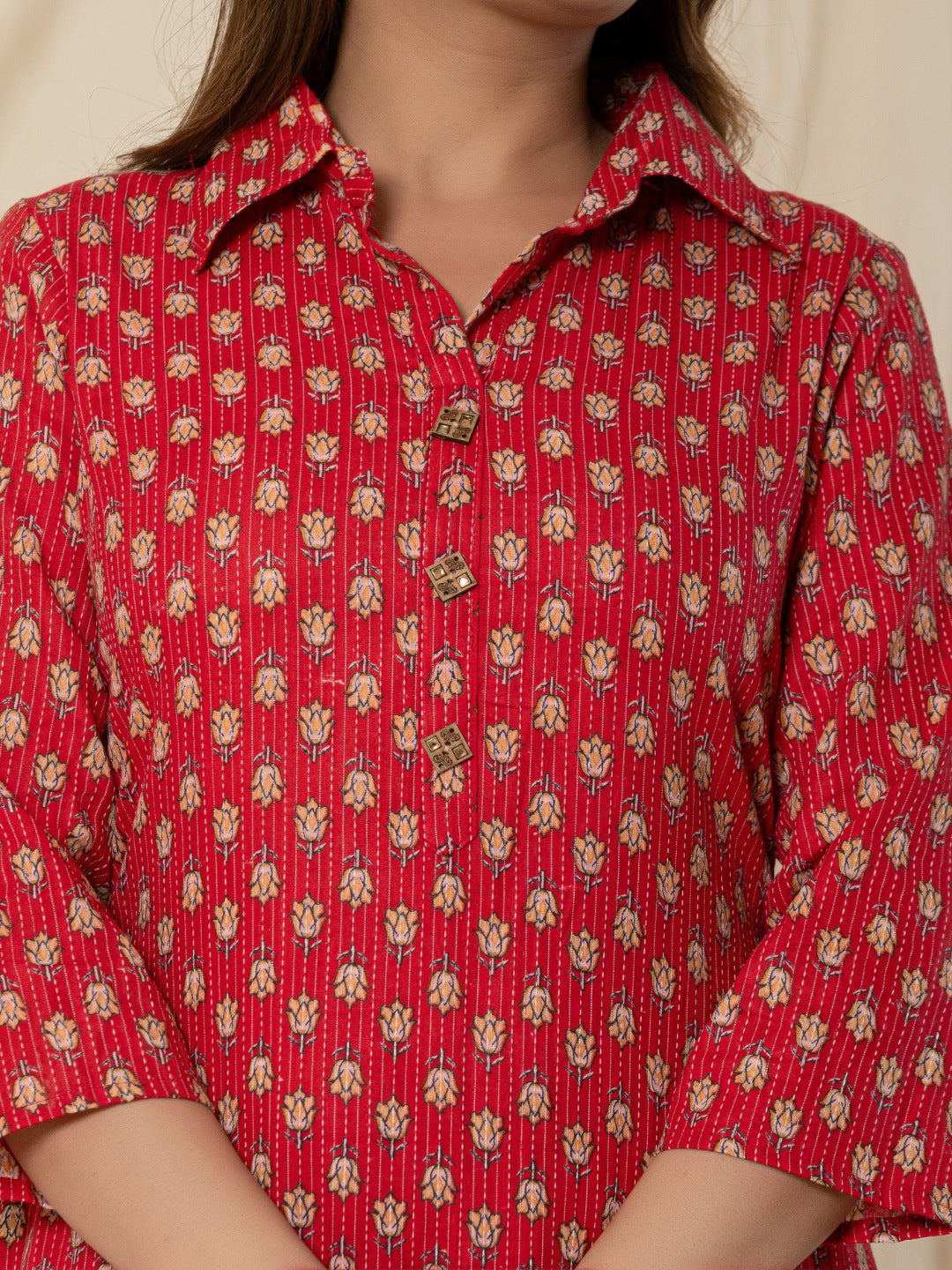 Katha Cotton Printed Collared Co-Ord Set - Red