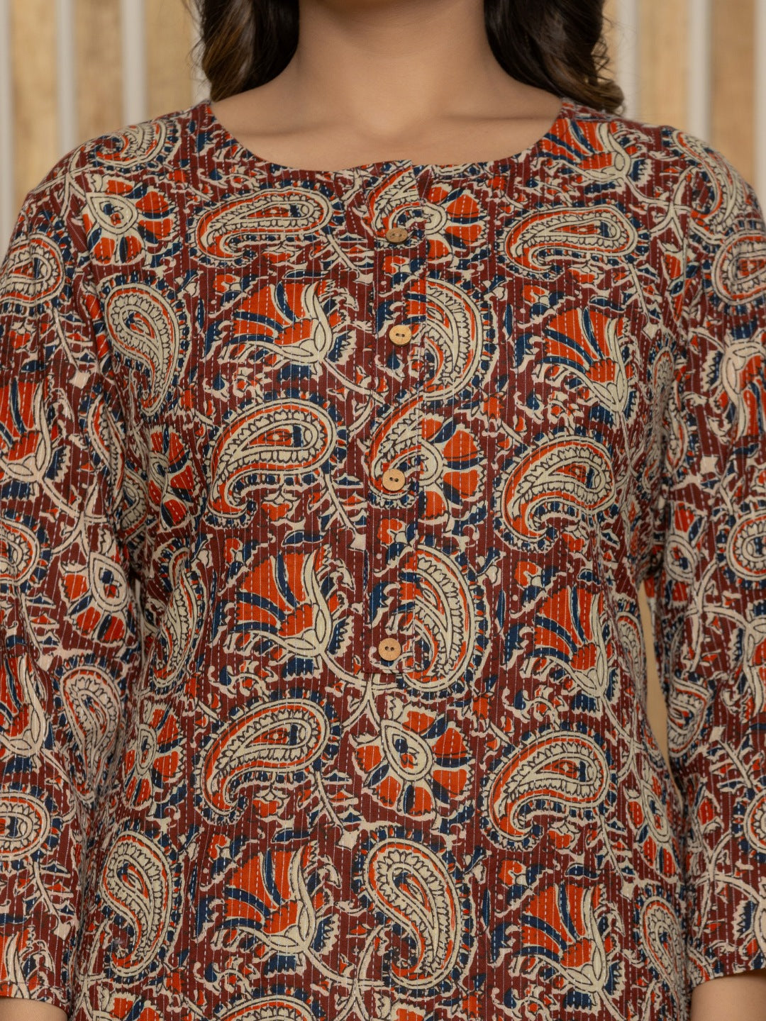 Cotton Katha Printed Straight Round Neck kurta - Maroon