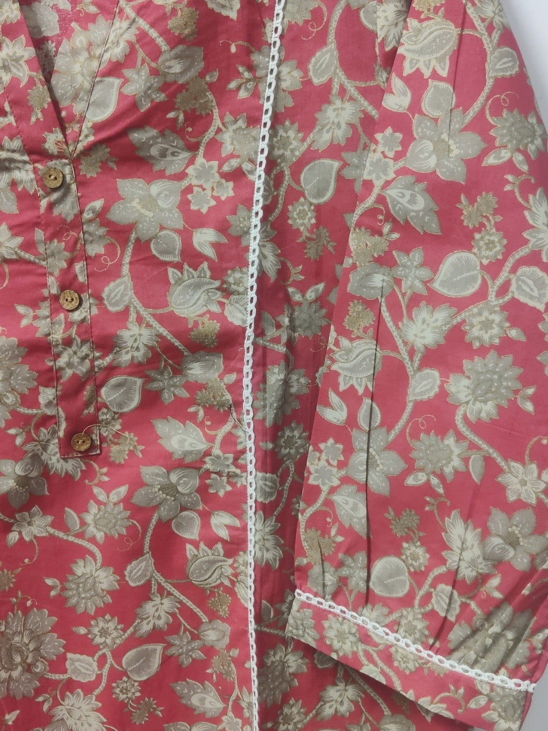 Pure Cotton Lace detail Collared Top - Red