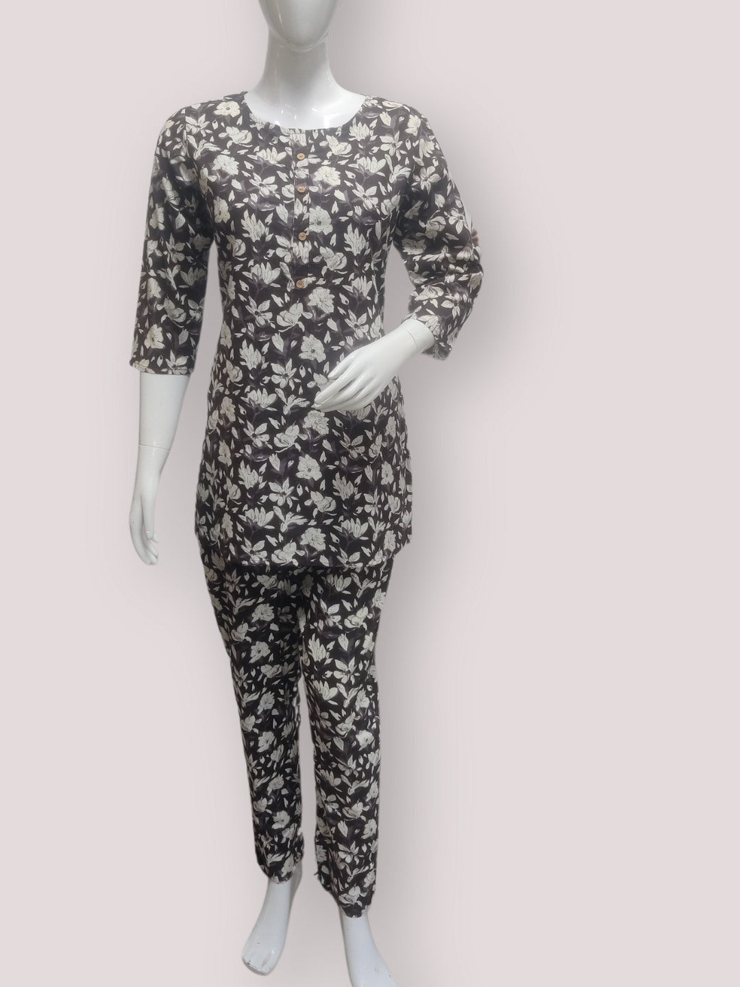 Floral Print Pure Cotton Co-Ord Set - Dark Grey