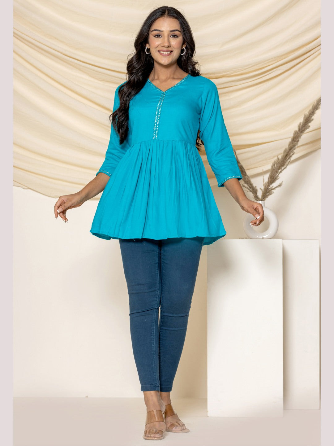 Solid Embroidered Peplum Top - Turquoise