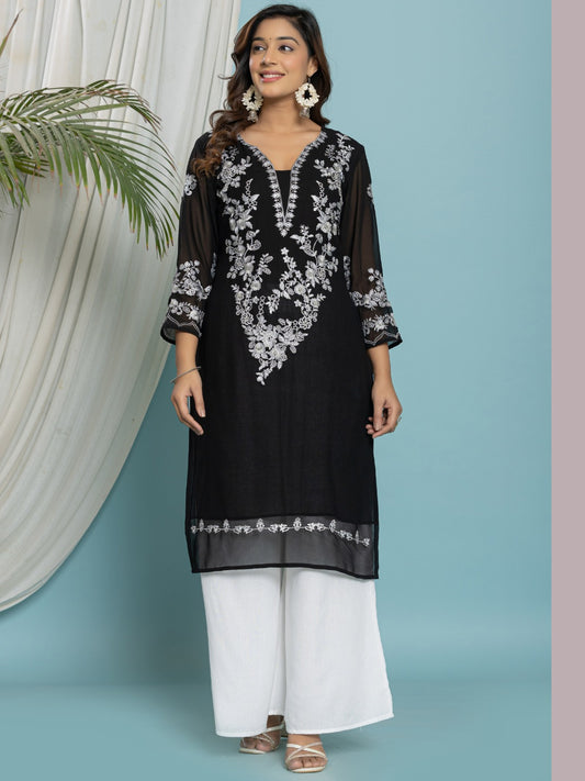 Thread Embroidered Georgette Solid Kurta with Lining - Black