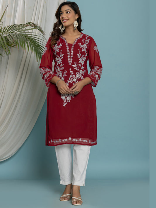 Thread Embroidered Georgette Solid Kurta with Lining - Maroon