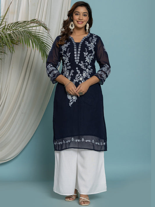 Thread Embroidered Georgette Solid Kurta with Lining - Navy