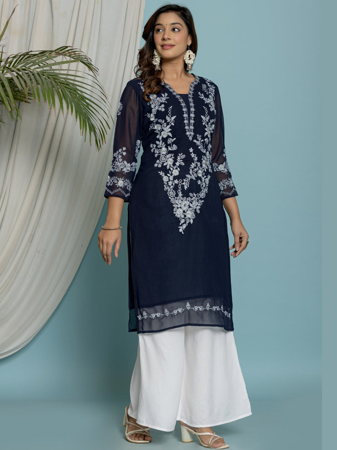 Thread Embroidered Georgette Solid Kurta with Lining - Navy