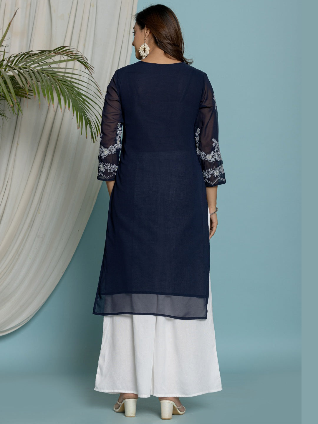 Thread Embroidered Georgette Solid Kurta with Lining - Navy