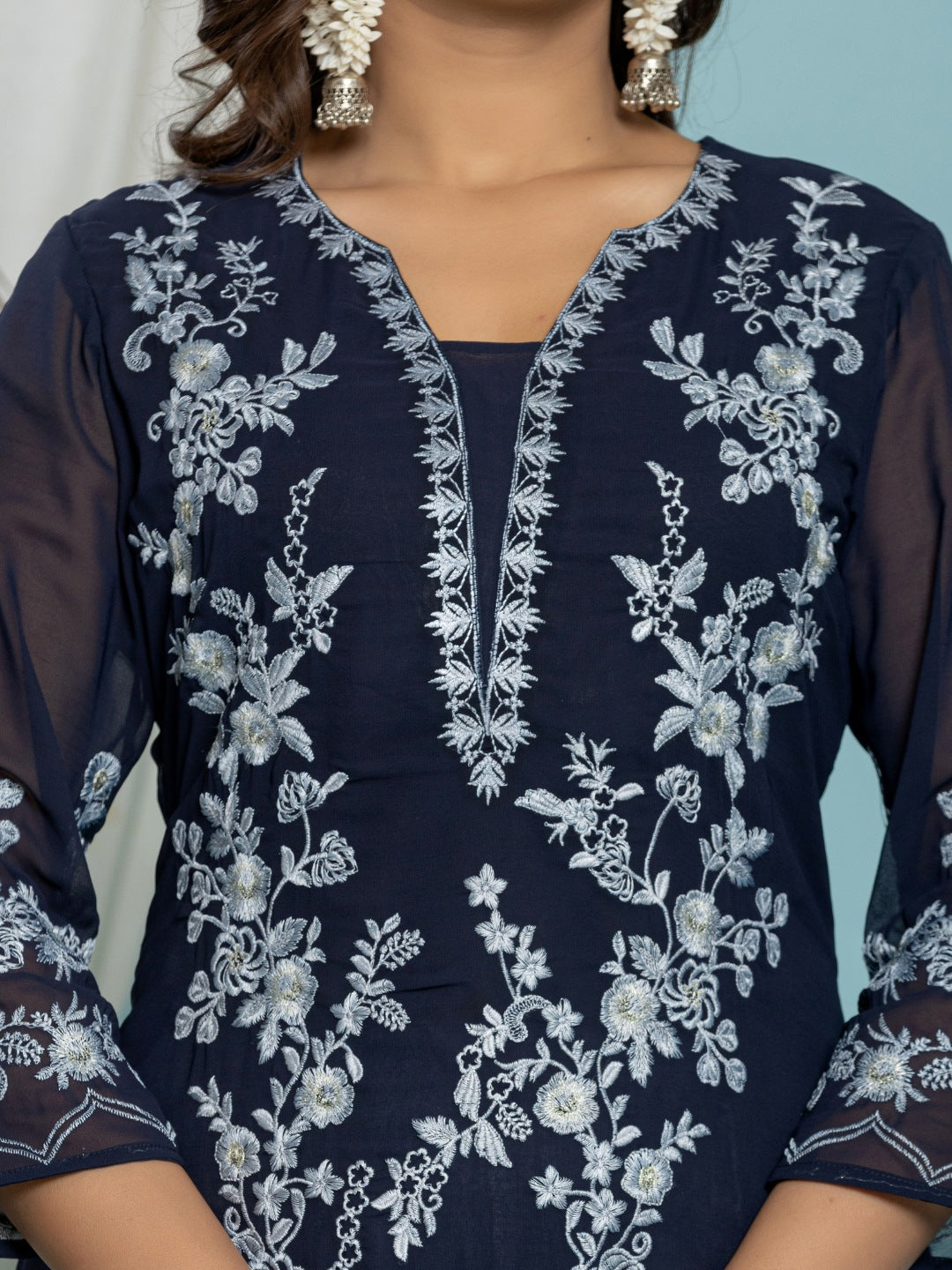 Thread Embroidered Georgette Solid Kurta with Lining - Navy