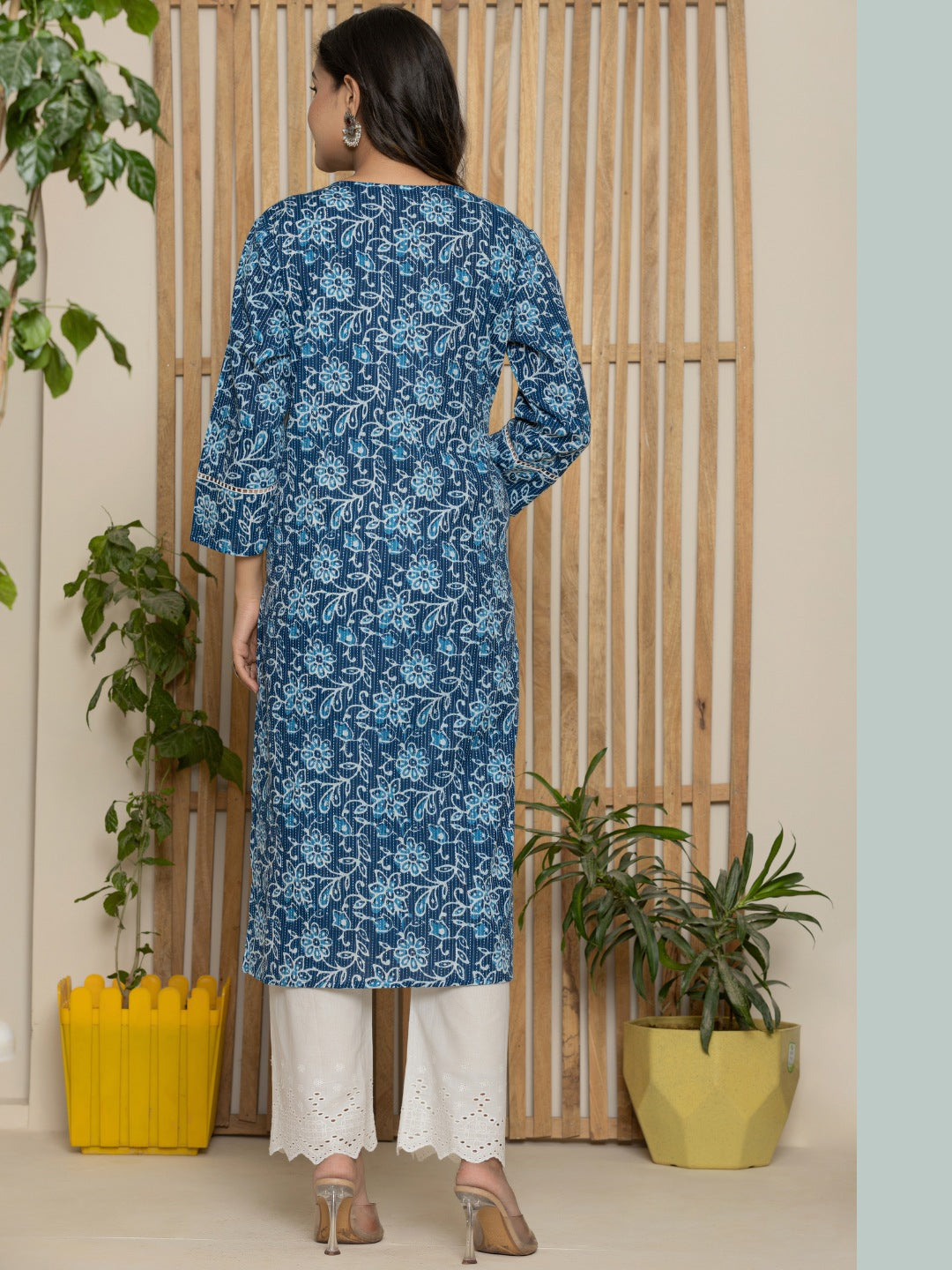 Cotton Katha Printed Straight V neck Kurta - Blue