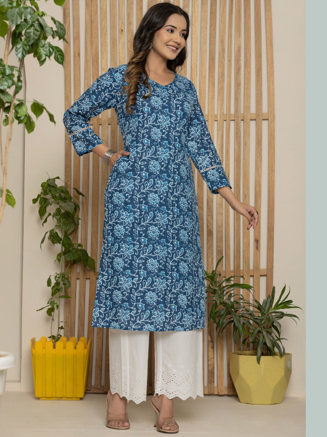 Cotton Katha Printed Straight V neck Kurta - Blue