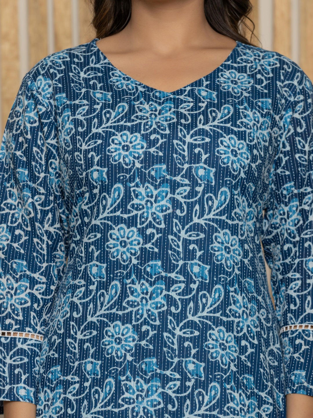 Cotton Katha Printed Straight V neck Kurta - Blue