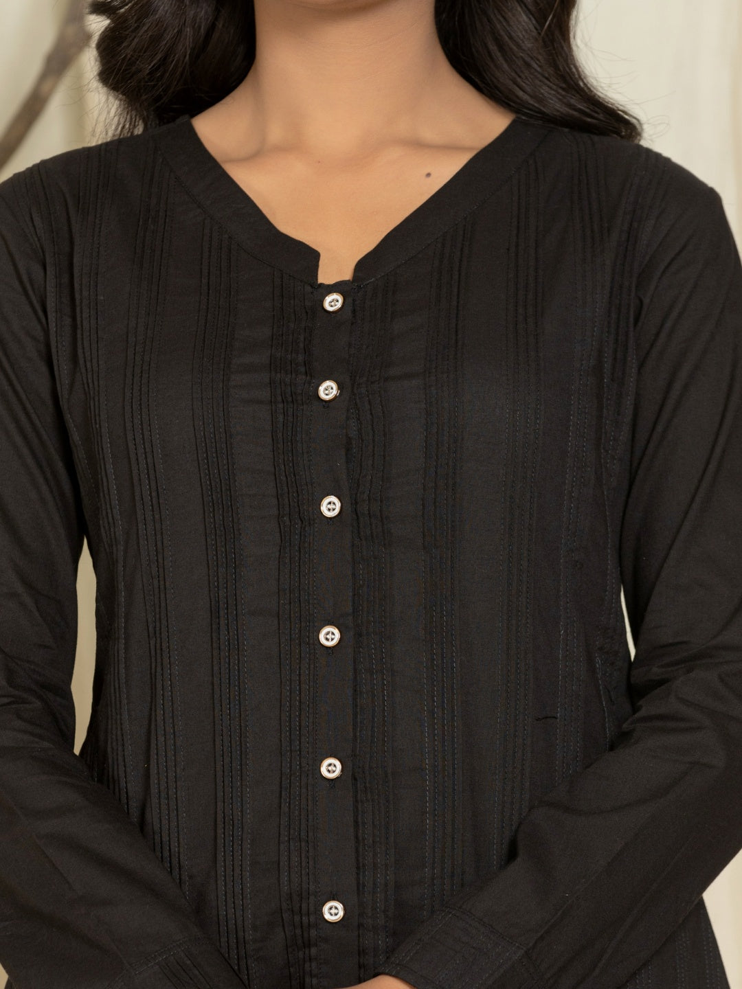 Solid Pure Cotton Pintucks Shirt Top - Black