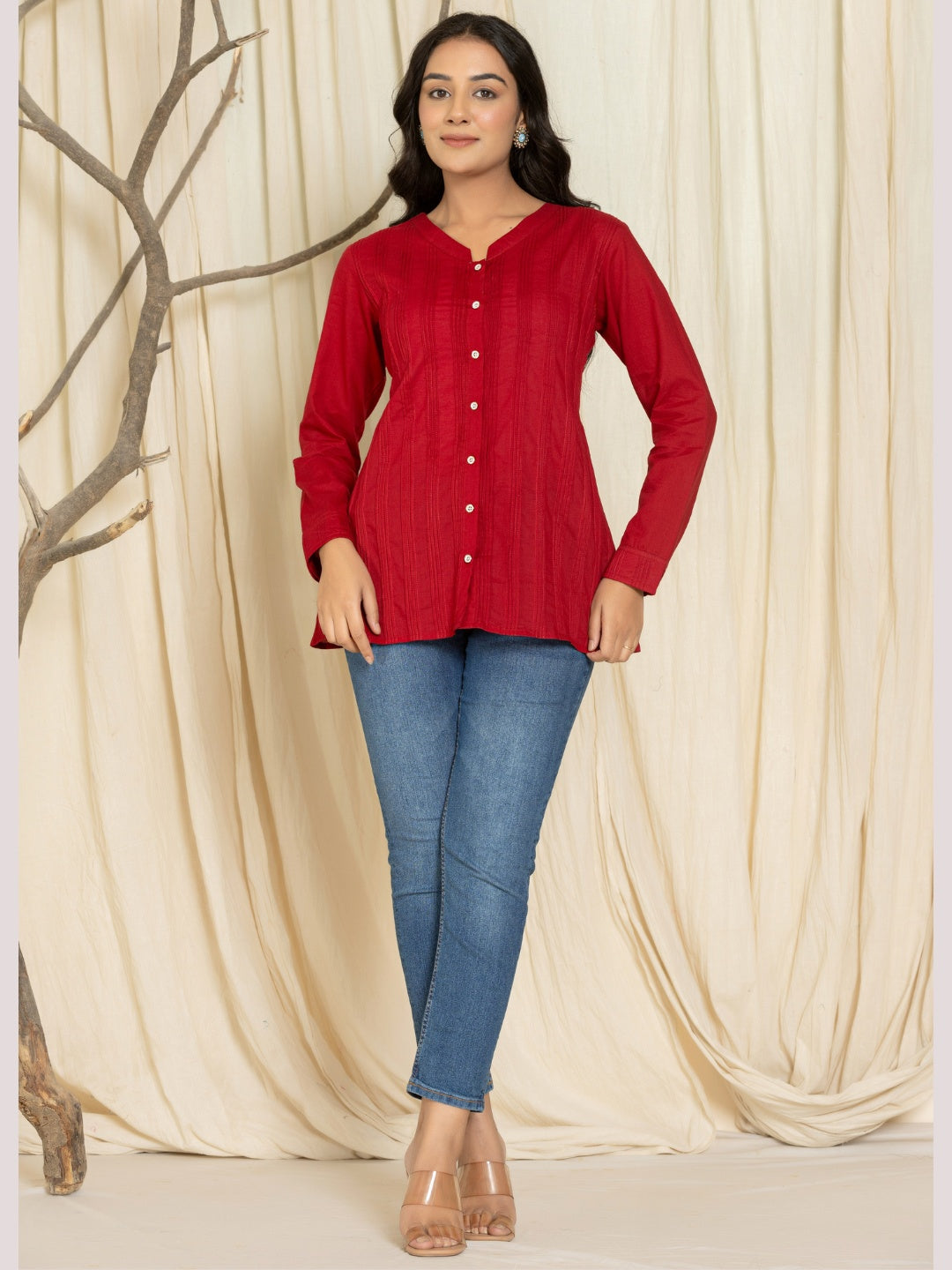 Solid Pure Cotton Pintucks Shirt Top - Maroon