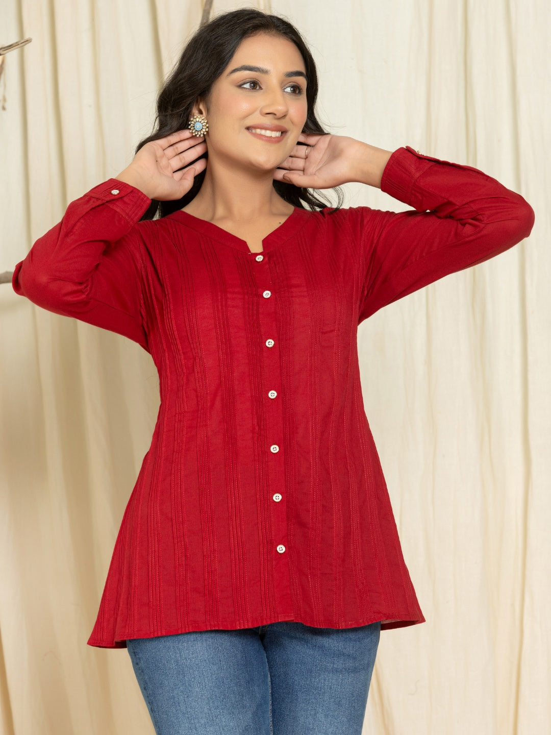 Solid Pure Cotton Pintucks Shirt Top - Maroon