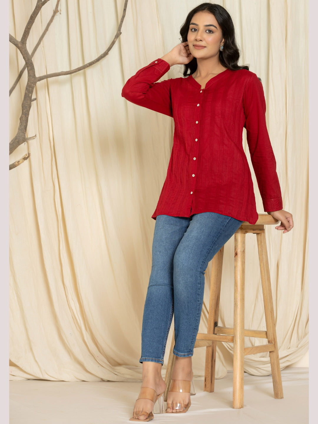 Solid Pure Cotton Pintucks Shirt Top - Maroon