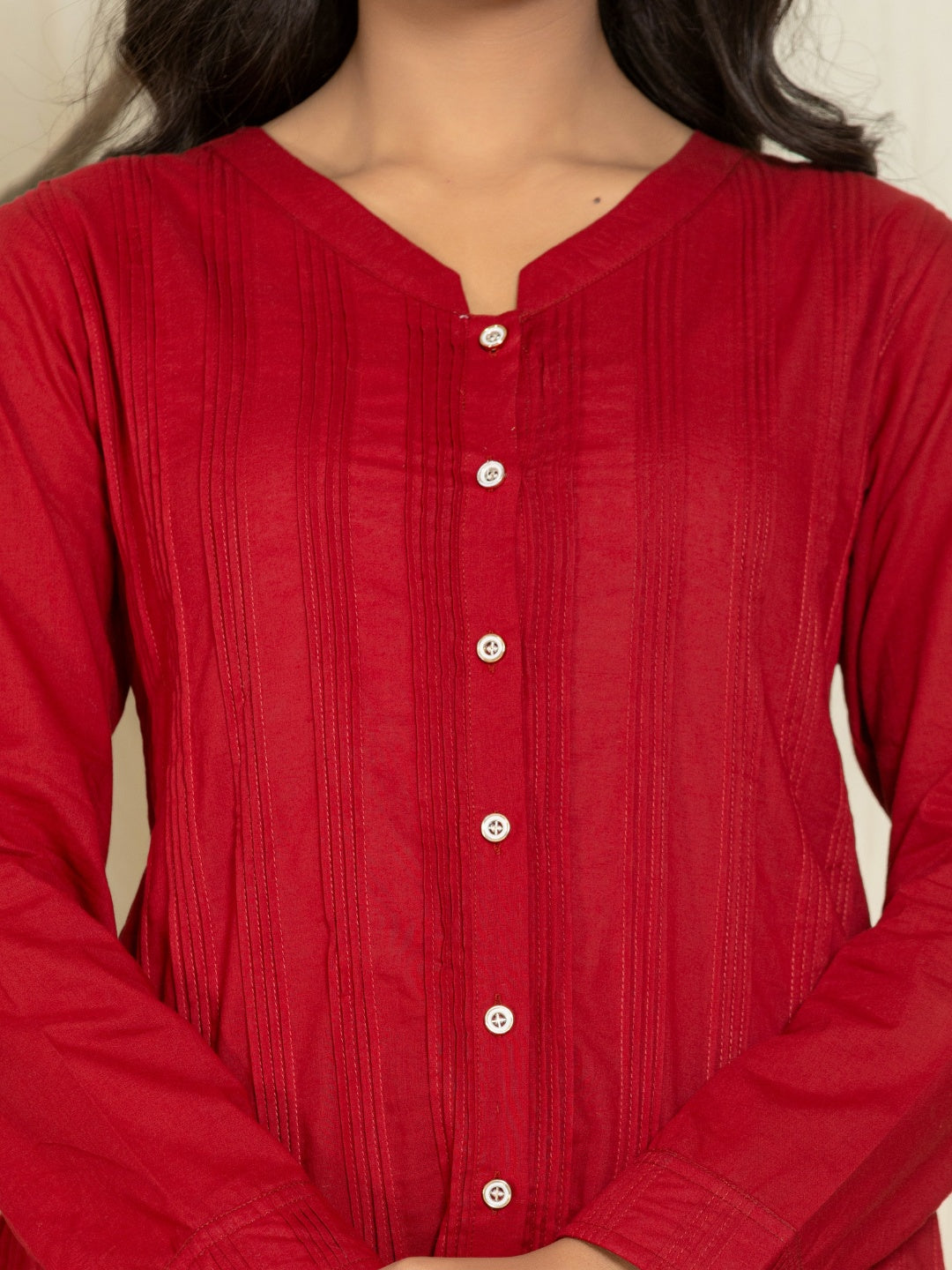 Solid Pure Cotton Pintucks Shirt Top - Maroon