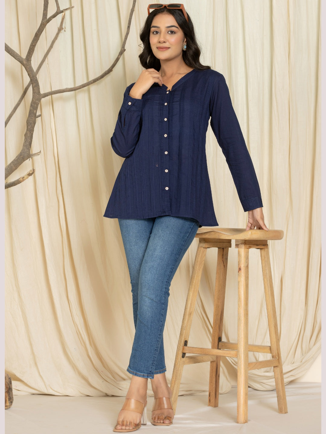 Solid Pure Cotton Pintucks Shirt Top - Navy