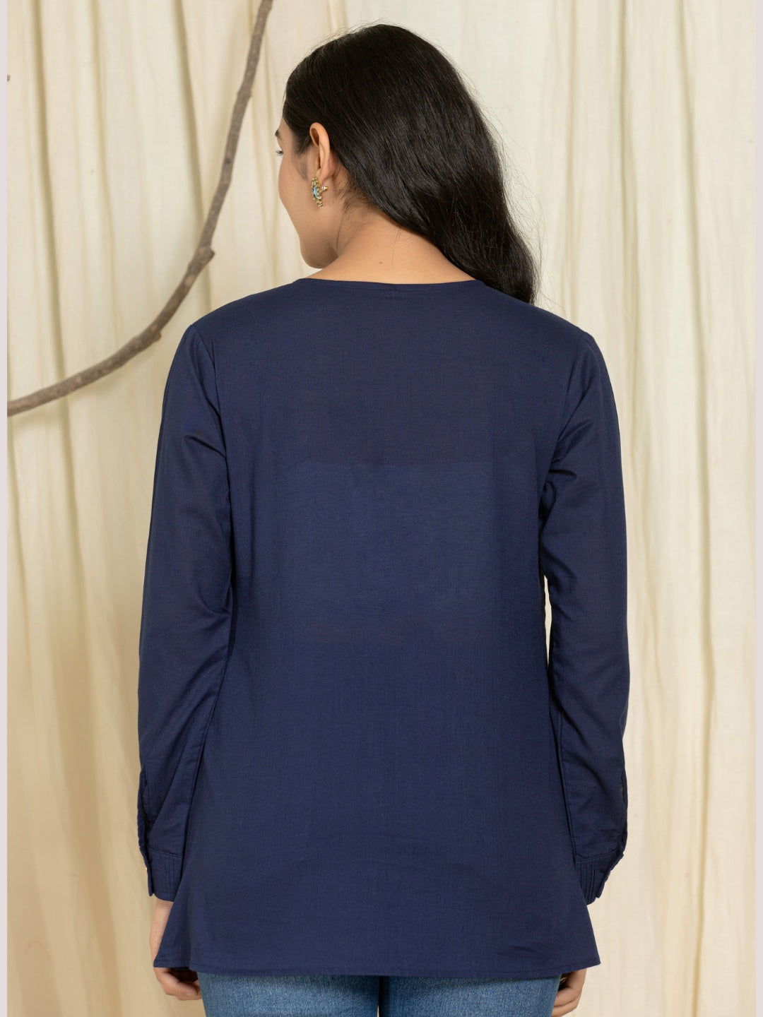 Solid Pure Cotton Pintucks Shirt Top - Navy