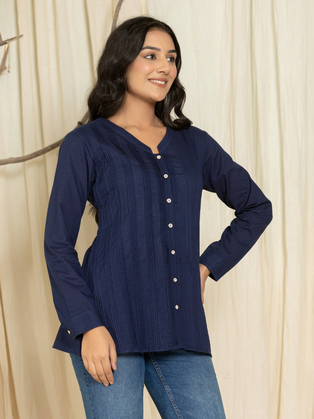 Solid Pure Cotton Pintucks Shirt Top - Navy