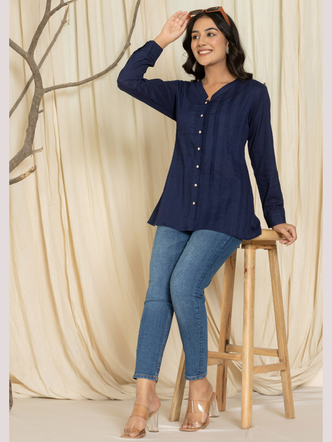 Solid Pure Cotton Pintucks Shirt Top - Navy