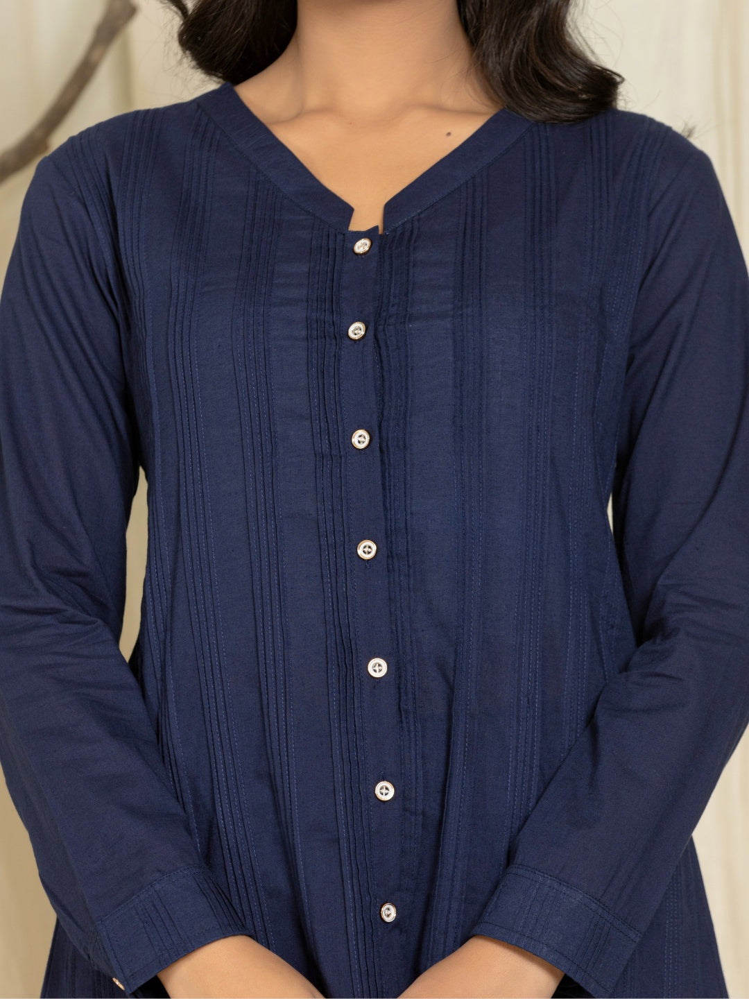 Solid Pure Cotton Pintucks Shirt Top - Navy