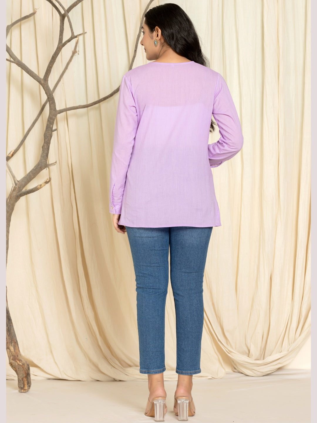 Solid Pure Cotton Pintucks Shirt Top - Purple